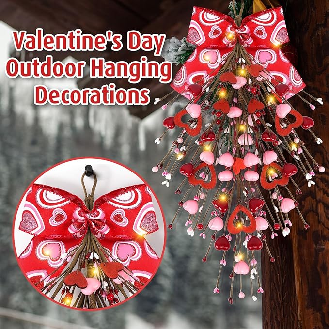 2 PCS 24" Valentine’s St.Patrick's Day Swag Wreath for Front Door Artificial Heart Shamrock Teardrop Swags Wreath Lucky Irish Valentines Kitchen Cabinet Wreaths for Home Porch Wall Window Decoration