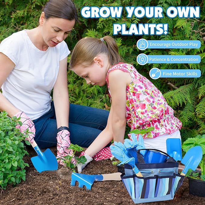 Kids Gardening Tools Set, Toddler Play Kit Child Outdoor Toy with Gloves, Watering Can, Metal Shovel, Rake, Spade & Storage Bag, Backyard Sand Digging Holiday Birthday Gift for Boy Girl 3 4 5 (Blue)