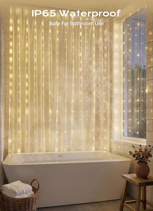 Brightown 180 LED Shower Curtain Fairy Lights, 70 Inch Warm White Waterproof Battery Operated String Light, 8 Modes, Battery Powered Christmas Light for Indoor Outdoor Decor(No Curtain)