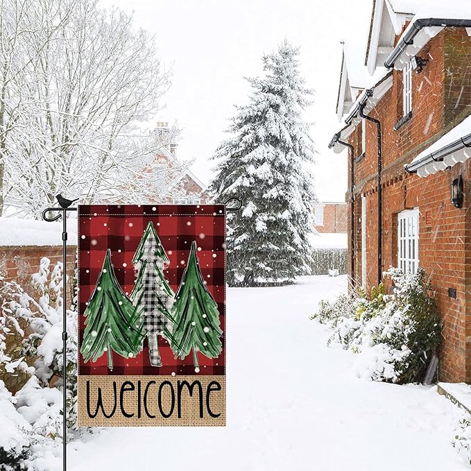 Welcome Red Buffalo Plaid Christmas Trees Garden Flag 12 x 18 Inch Vertical Double Sided Buffalo Plaid Red Holiday Yard Outside Xmas Decor