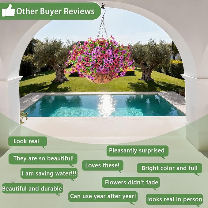 INQCMY Artificial Flowers Hanging Baskets for Outdoors Spring Decor, 12 Bundles Fake Plants Faux Silk Daisy with Eucalyptus Stem UV Resistant for Outside Patio Balcony Garden(Purple Fuchsia)