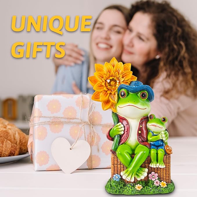 Outdoor Frog Garden Decor: 9'' Yard Decoration with Sunflower Light Funny Solar Frog Gifts for Women Mother's Day Housewarming Gift
