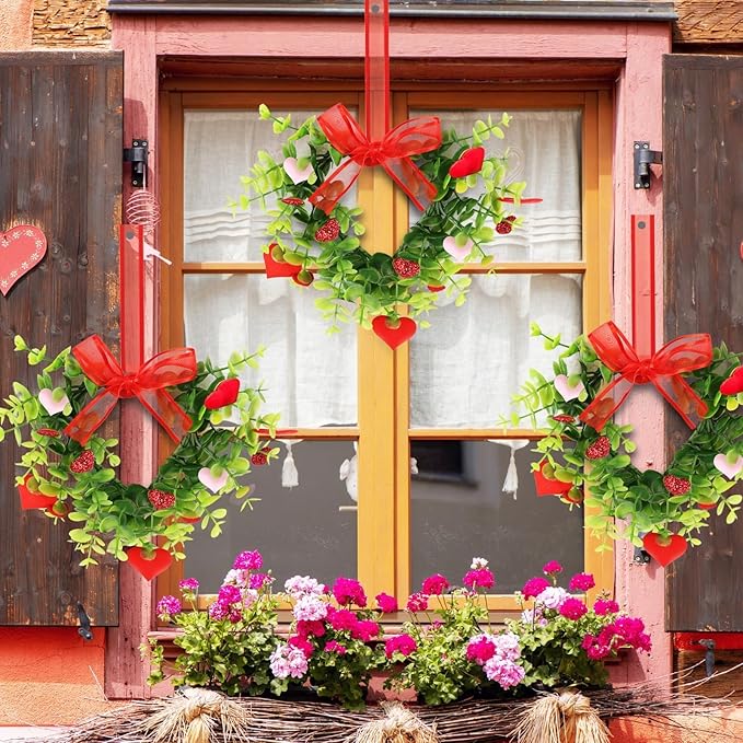 4 Sets Valentine's Day Heart Wreath Artificial Red Berries Heart Swag Kitchen Cabinet Wreaths Hanging Valentines Day Wreaths for Front Door Window Wedding Birthday Home Decoration