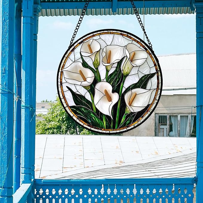 DASTOLL Stained Glass Window Hanging, White Calla Lily Flowers Sun Catchers Glass Panel Plant Suncatcher Decor for Birthday for Women, Men, Wife, Aunt, and Mom 14.9x14.9 in