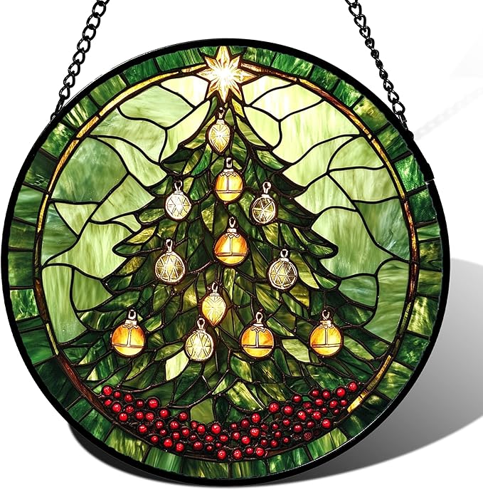 DASTOLL Stained Glass Window Hanging - Green Christmas Tree Golden Bells Suncatcher for Doors Home Christmas Decoration Sun Catcher Thanksgiving New Year Birthday Gift for Women Men Mom Nana 9.8 in