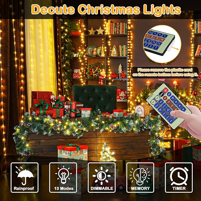 Decute 300LED 99FT Christmas Tree String Lights Green Wire Dimmable with Remote Control, UL Listed Plug in Fairy Starry Lights Decorative for Christmas Tree Party Wedding Indoor Outdoor Warm White