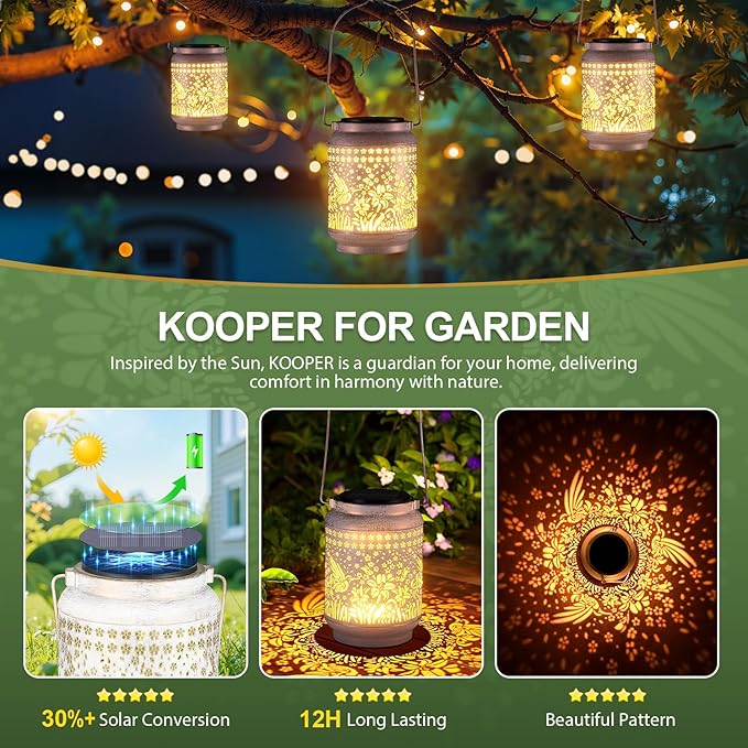 KOOPER Solar Lanterns Outdoor Waterproof Christmas Gifts for Women Mom Grandma, 2 Pack Upgraded Hummingbird Hanging Solar Lantern Lights Outdoor, 2 Modes Metal Outdoor Decoration for Yard, Patio