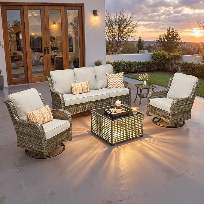 ovios 5 Pieces Patio Furniture Set, Outdoor Wicker Sofa Couch with Swivel Chairs Solar Lights Table, High Back Modern All Weather Conversation Sets, Grey Rattan, Grey