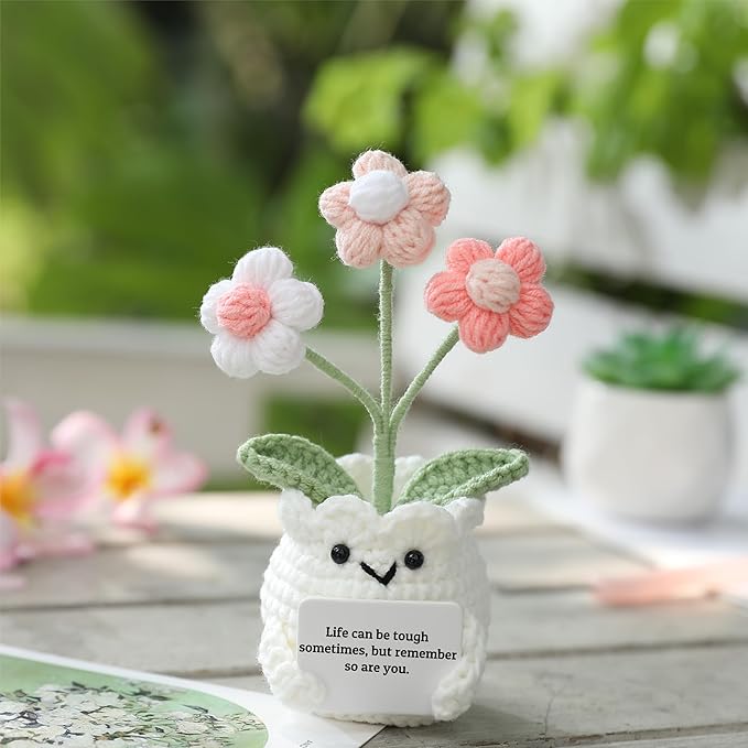 YOOJEE Mental Health Crochet Flower Pot, Positive Stress Relief Desk Decor with Card “Life Can Be Tough But So are You”, Handmade Emotional Support Gift