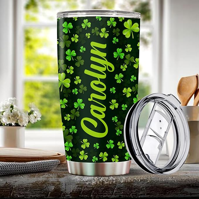 WONWIX Personalized Green Irish Shamrocks Tumbler For Women with Lid Insulated 20 oz Stainless Steel Water Bottle Coffee Cup Travel Mug Gift For Mom Daughter Wife Girls