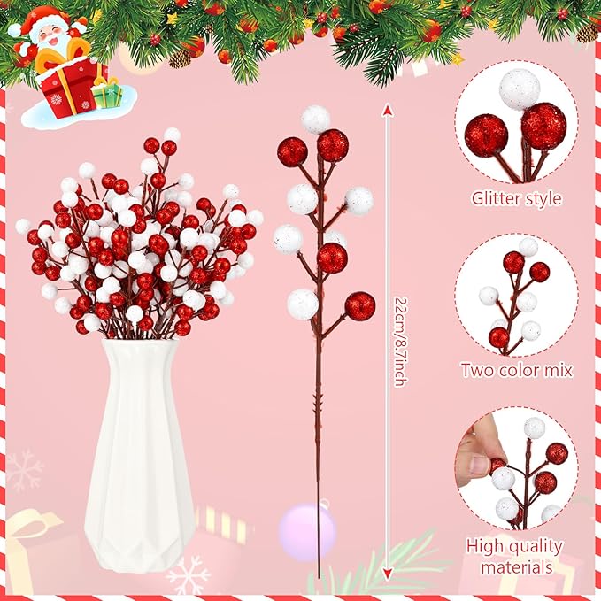 24 Pcs Christmas Glitter Berries Stems, 8.8" H Artificial Christmas Picks for Christmas Tree Ornaments, Holiday Wreath DIY Crafts, Xmas and Home Decor(Red, White)