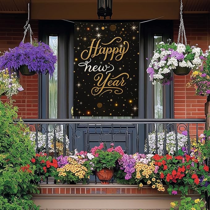 Happy New Year House Flag 28x40 Inch Black and Gold Sparkle Design Garden Flag Outdoor Yard Decoration Elegant Holiday Celebration Banner for Home Porch Lawn