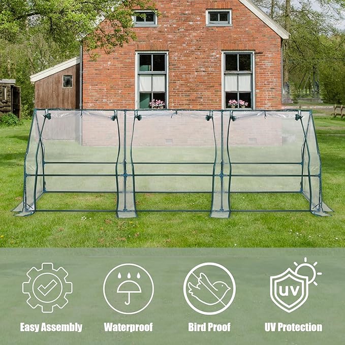 Aoodor 9 x 3 x 3 ft Mini Greenhouse with 3 Zipper Doors, Water-Resistant, UV-Protected for Flowers, Vegetables, and Herbs, Transparent