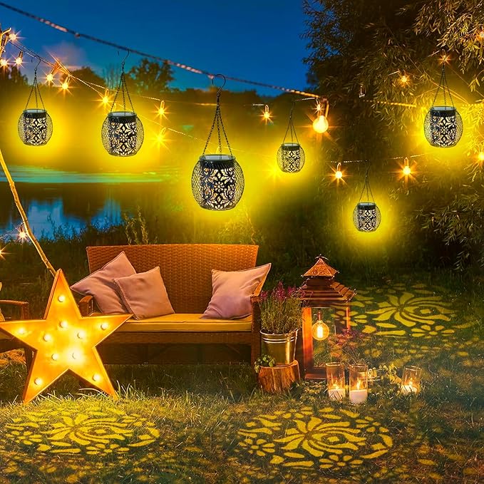 Solar Lanterns Outdoor Waterproof, 4 Pack Hanging Solar Lights Outside Garden Decor, Gifts for Women Mom Grandma Metal Decorative Lantern for Patio Yard Porch Balcony Backyard Lawn(4.6x4.6inch)