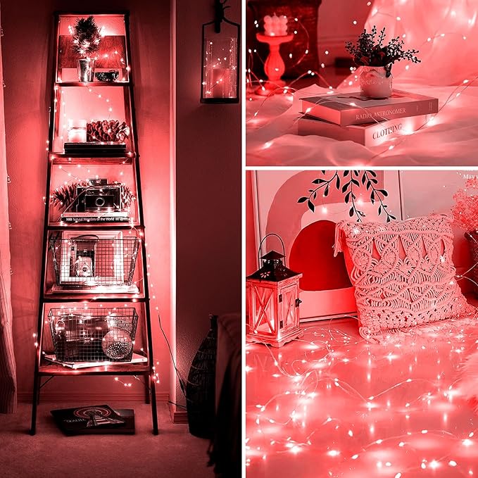 Fairy Lights 66ft 200 LED USB Twinkle String Lights Plug in Silver Wire Lights with Remote and Timer 8 Modes Outdoor Waterproof Starry Lights DIY Party Wedding Christmas Decoration（Red）