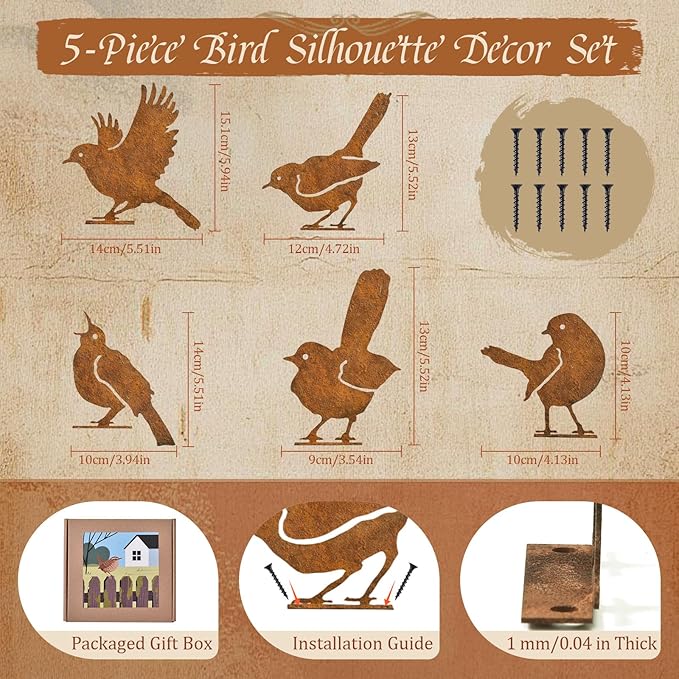 KIFEKKUL 5PCS Rusty Bird Decor, Garden Sculptures and Yard Art, Yard Decorations Outdoor, Metal Bird Wall Decor, Fence Decorations Outdoor, Rustic Garden Decor, Outdoor Statues, Metal Birds Yard Decor
