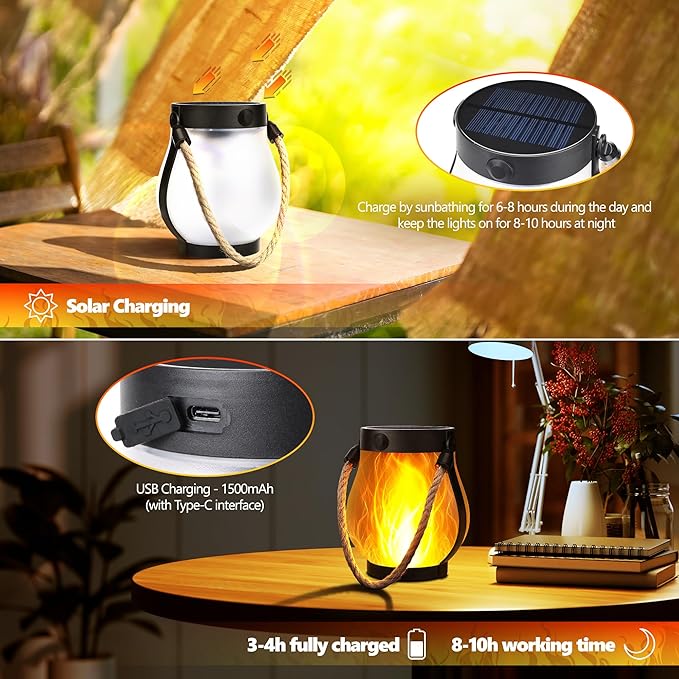 iBaycon 1 Pack Solar Lanterns Lights, Halloween Flickering Flame Garden Lights with 2 Modes Dual Charging USB & Solar, Outdoor Waterproof Hanging Lantern for Party Holiday Halloween Decor (Warm White)