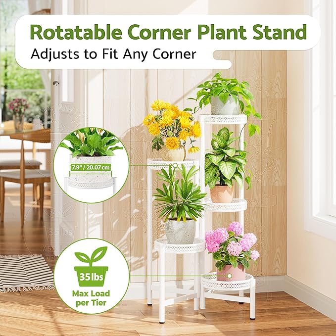 NQW Metal Plant Stand Indoor Outdoor, 5 Tier Tall Flower Pot Holder Potted Display Rack Shelf, Heavy Duty Corner Plant Shelf for Patio Garden Balcony Living Room Bedroom - WhiteWave