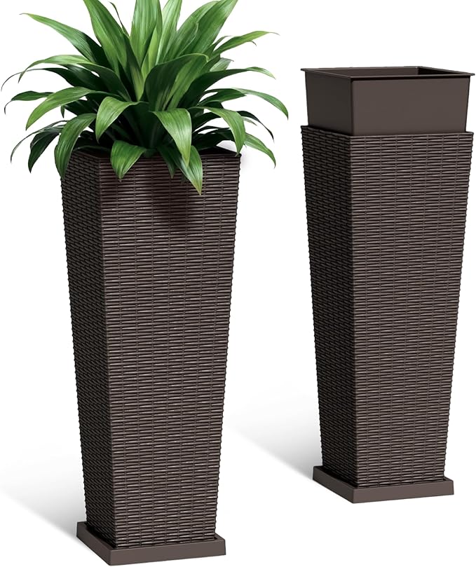 Set of 2 Tall Plastic Planters with Saucer, 32 Inch Height Pots with Drainage Trays, Brown