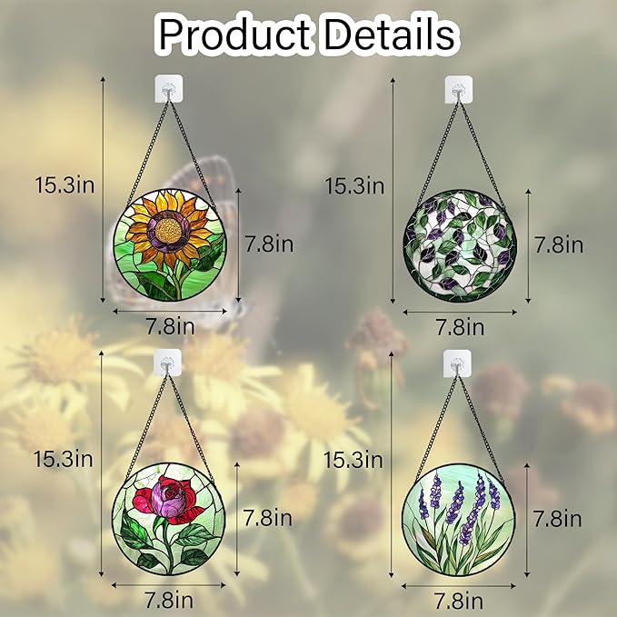 AMDERVEN Stained Glass Window Hanging 4 Pcs Set Red Roses Yellow Sunflowers 7.8" - Flower Suncatcher Door Garden Sun Catcher Decor Birthday Mother's Day for Mom Woman Nana Girl