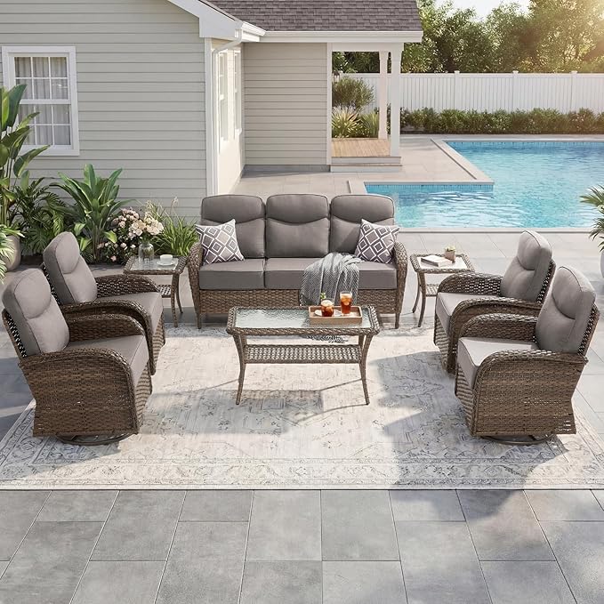 High Back Luxury Patio Furniture Set with 6-inch Thick Cushion, Swivel Rocker Patio Chairs Set of 4 with Outdoor Couch, 8 Piece Wicker Conversation Set for Deck Yard Garden Balcony Gray