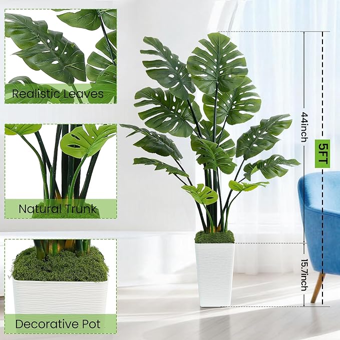 5FT Artificial Monstera Plant Realistic Faux Monstera Plant with Tall White Planter and Thread Moss, Lifelike Indoor Outdoor Artificial Tree for Living Room, Bedroom, Office, Housewarming Decor
