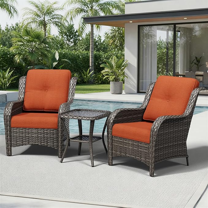 Joyside 3 Piece Wicker Patio Furniture Set, Rattan Patio Chairs with High Back, Deep Seating, Wide Armrest, Thickened Cushions, Outdoor Furniture for Deck, Porch Use