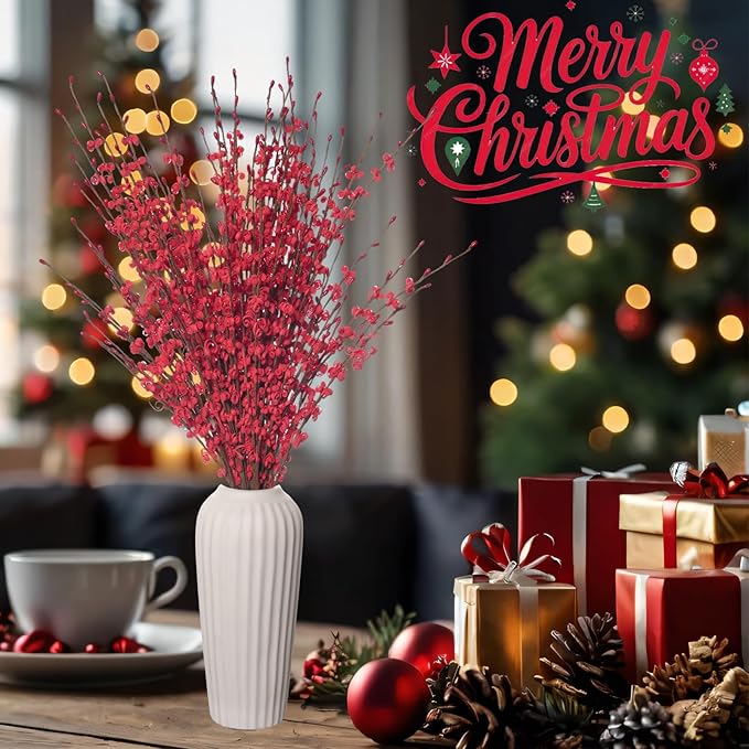 10Pcs 17.5'' Red Flowers Artificial Jasmine Flowers Faux Patriotic DIY Floral Art Red Berries Stem for Valentine's Day Table Centerpieces Vases Home Wedding Bouquets Party Decorations
