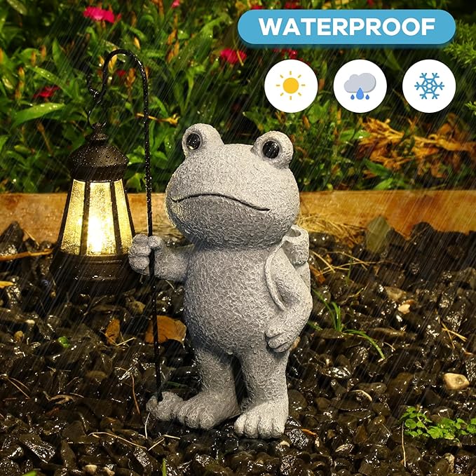 PAETAE Garden Statue Frog Outdoor Decor, Solar Patio Garden Sculptures & Statues, Resin Decor Gift for Women, Mom, Grandma, Stone