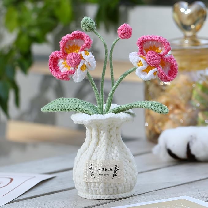 YOOJEE Orchid Crochet Flower Pot Deep Rose Handmade Knitted Phalaenopsis Desk Decor for Home Office