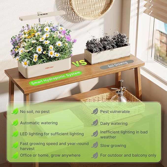 SUNCOZE Hydroponics Growing System Kit 12 Pods, 24W LED Grow Light Indoor Garden, 4L Water Tank with Quiet Pump, Adjustable Height Herb Garden Planter Indoor Kit, Gardening Gifts, Beige