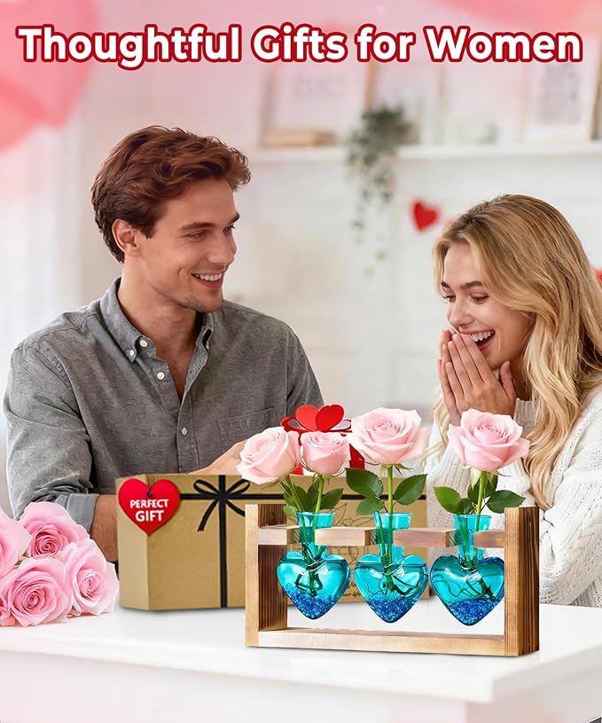 Nacome Plant Terrarium Propagation Stations: Valentines Day Gifts for Her Plant Lovers Women Mom Wife Daughter - 3 Bulb Glass Vase with Wooden Stand Tabletop for Hydroponics Indoor Office Home Decor