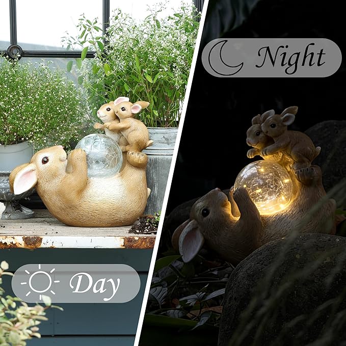 SOFFEE GARDEN Solar Bunny Lamp Playing with Ball, 10x5x9 Inch Outdoor Rabbit Decor, Whimsical Garden Statue for Lawn, Backyard & Night Landscape