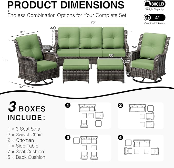 Joyside 6 Piece Wicker Patio Furniture Set, Outdoor Swivel Rocker Patio Chairs with High Back, Deep Seating, Wide Armrest, Thickened Cushions, Outdoor Furniture for Deck, Porch Use