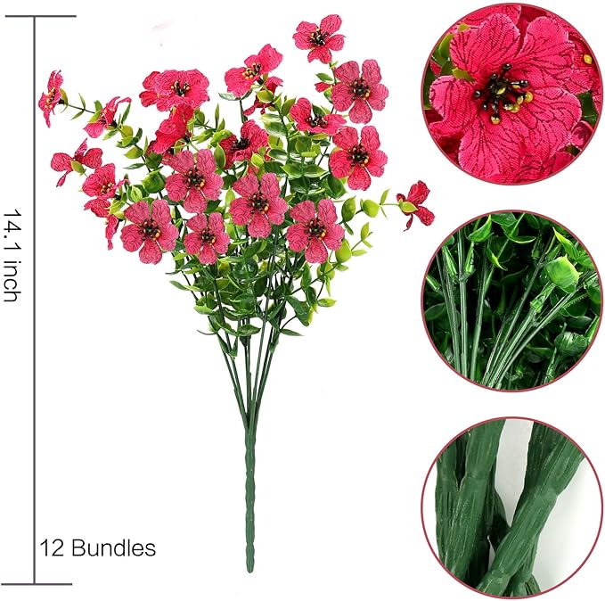 12 Bundles Artificial Flowers for Outdoors UV Resistant, Realistic Fake Silk Flowers Outside Fade-Proof Faux Plants for Outdoor Planters Window Box Front Porch-Red