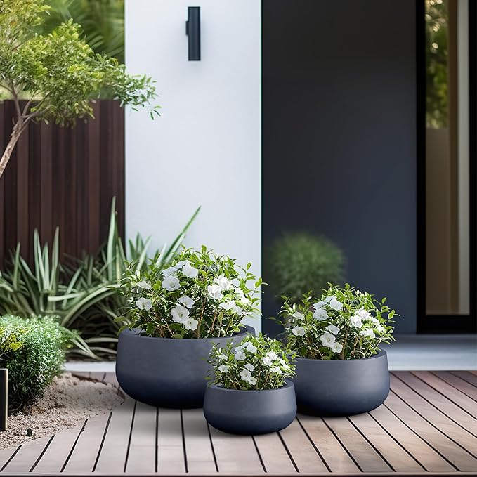 Kante 19.6",15.7",11.8" Dia Round Concrete Planters Set of 3, Outdoor Indoor Garden Plant Pots with Drainage Hole and Rubber Plug, Modern Curvaceous Design, Charcoal