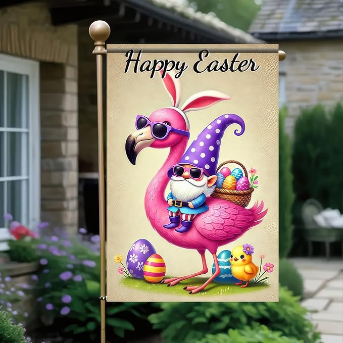 Happy Easter Garden Flag Cute Gnoms 12x18 Inch Double Sided Colorful Easter Eggs Yard Outside Decorations Spring Outdoor Small Decor Seasonal Spring Party Flags