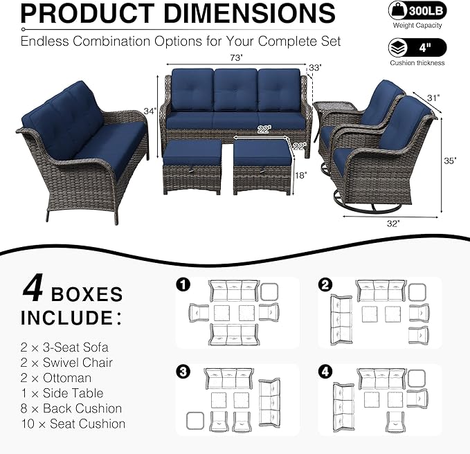 Joyside 7 Piece Wicker Patio Furniture Set, Outdoor Swivel Rocker Patio Chairs with High Back, Deep Seating, Wide Armrest, Thickened Cushions, Outdoor Furniture for Deck, Porch Use