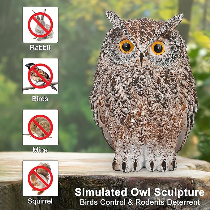 Yanflerent 2 Pack Realistic Owl Statues for Indoor & Outdoor Decoration, Effective Birds Deterrent for Garden, Patio, Yard, and Home Decor, Suitable for Spring Decor (Brown & Gray)