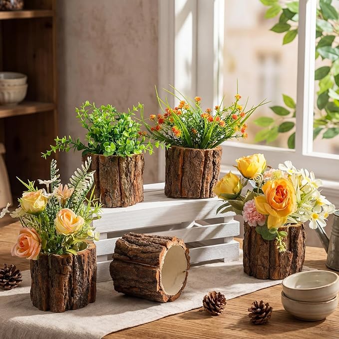 6 Pcs Wooden Vase for Centerpieces Woodland Table Decor Wooden Flower Vase Rustic Bark Stump Buckets Vintage Wood Planter Pots for Garden Party Wedding Window Home Farmhouse (Small)
