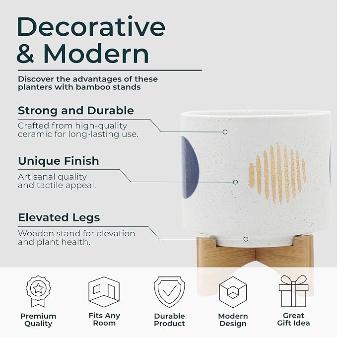 Ceramic Planter Set with Bamboo Stand – Plant Stand Indoor For Everyday Greenery, Living Room or Patio, Geometric Design Planter with Stand For Sculptural Home Decor Display – 11" 7", White