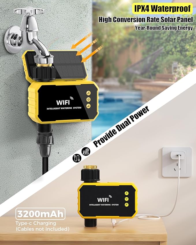WiFi Sprinkler Timer with Brass Inlet, Smart Solar WiFi Water Timer for Garden Hose No Need Hub, Rain Delay/Auto/Manual Override, Alexa/Google Assistant Compatible, APP Remote Control via 2.4Ghz WiFi