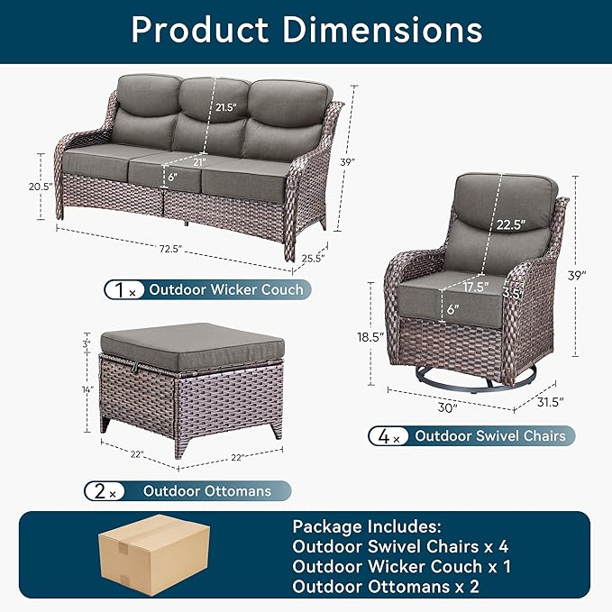 Luxury High Back Outdoor Furniture with 6-Inch Thick Cushions, Patio Furniture Set with Swivel Chairs, 7 PCS Wicker Conversation Set for Porch, Balcony, Deck and Yard