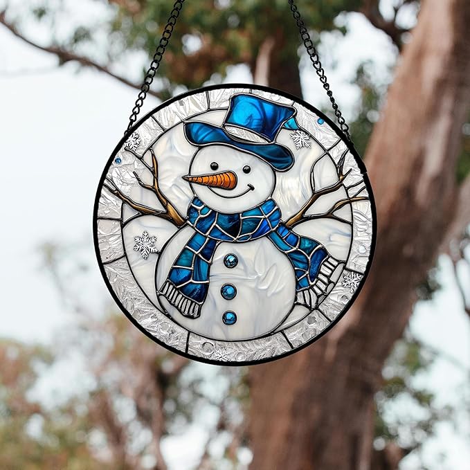 DASTOLL Stained Glass Window Hanging 4 Pcs Set White Winter Christmas Snow Scene 9.8" - Suncatcher Door Garden Sun Catcher Decor Birthday for Mom Woman Nana Men Friend Wife