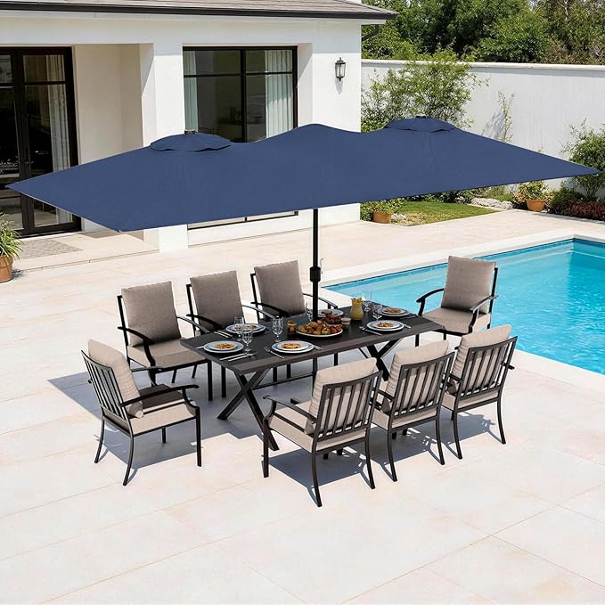 10-Pieces Patio Conversation Set,Metal Outdoor Furniture Set Includes 13.6FT Navy Umbrella,Hole Cut-Out 78.7" x 35.4" Table and 8 Metal Backrest Chairs for Backyard,Garden,Sand