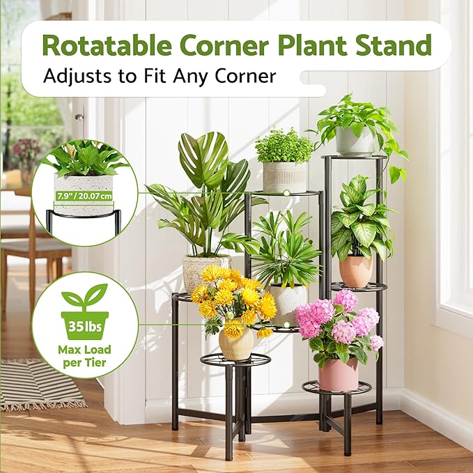 NQW 7 Tier Metal Patio Plant Stand Outdoor, Heavy Duty Flower Stands for Indoor Plants, Floding Tall Corner Shelf for Diaplay Racks for Home Decor, Graden, Balcony -BlackDiamond