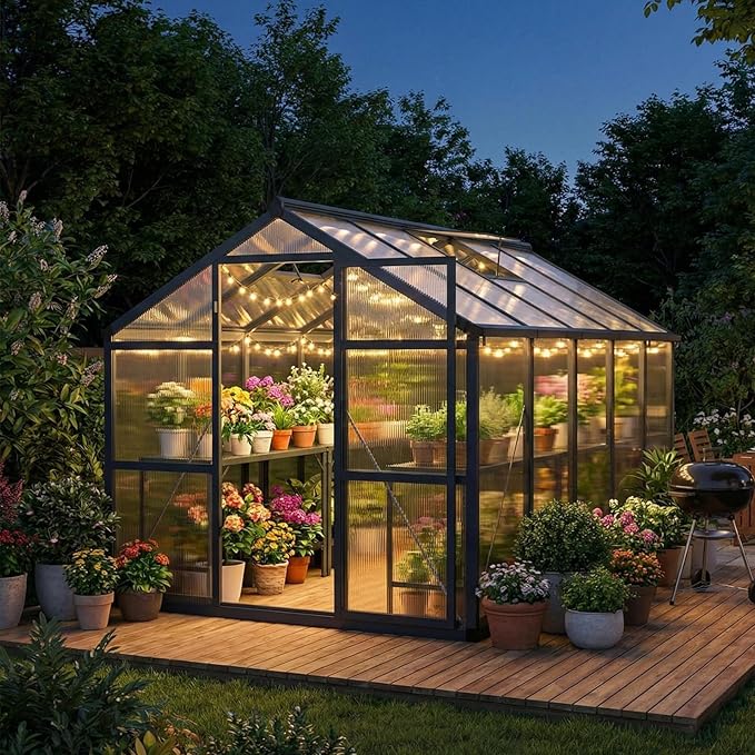 8x10 FT Greenhouse, Polycarbonate Walk-in Greenhouse for Outdoors with Roof Vent & Lockable Outward-Opening Swing Door, Heavy-Duty Aluminum Green House for Garden, Backyard, Patio, Lawn, Dark Grey