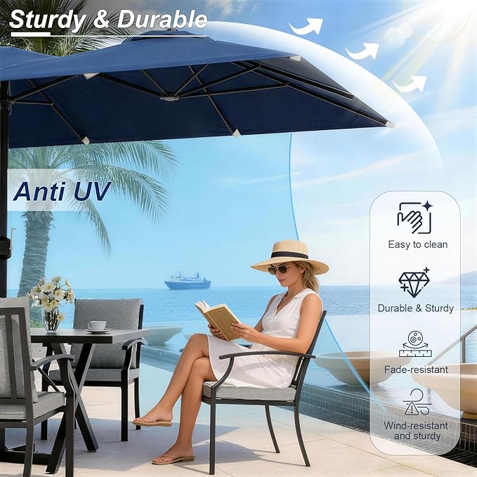 10-Pieces Patio Conversation Set,Metal Outdoor Furniture Set Includes 13.6FT Navy Umbrella,Hole Cut-Out 78.7" x 35.4" Table and 8 Metal Backrest Chairs for Backyard,Garden,Grey