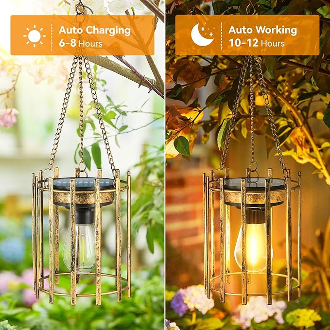 KOOPER Solar Lanterns Outdoor Waterproof, 4 Pack Bronze Upgraded Bright Hanging Solar Lights Outdoor Lanterns Decorative, Auto ON/Off Metal Hanging Lanterns for Pathway Yard Patio Garden Decor Gift