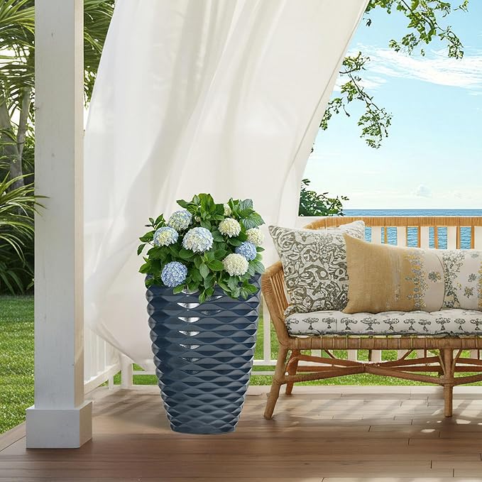 Ultym 19" H Coastal Planter for Indoor/Outdoor Plants, Set of 2 Large Flower Pot with Drainage Hole, Weather/UV Resistant Resin Planters for Garden Patio Porch Home office Decor, Glossy Navy Blue Wavy